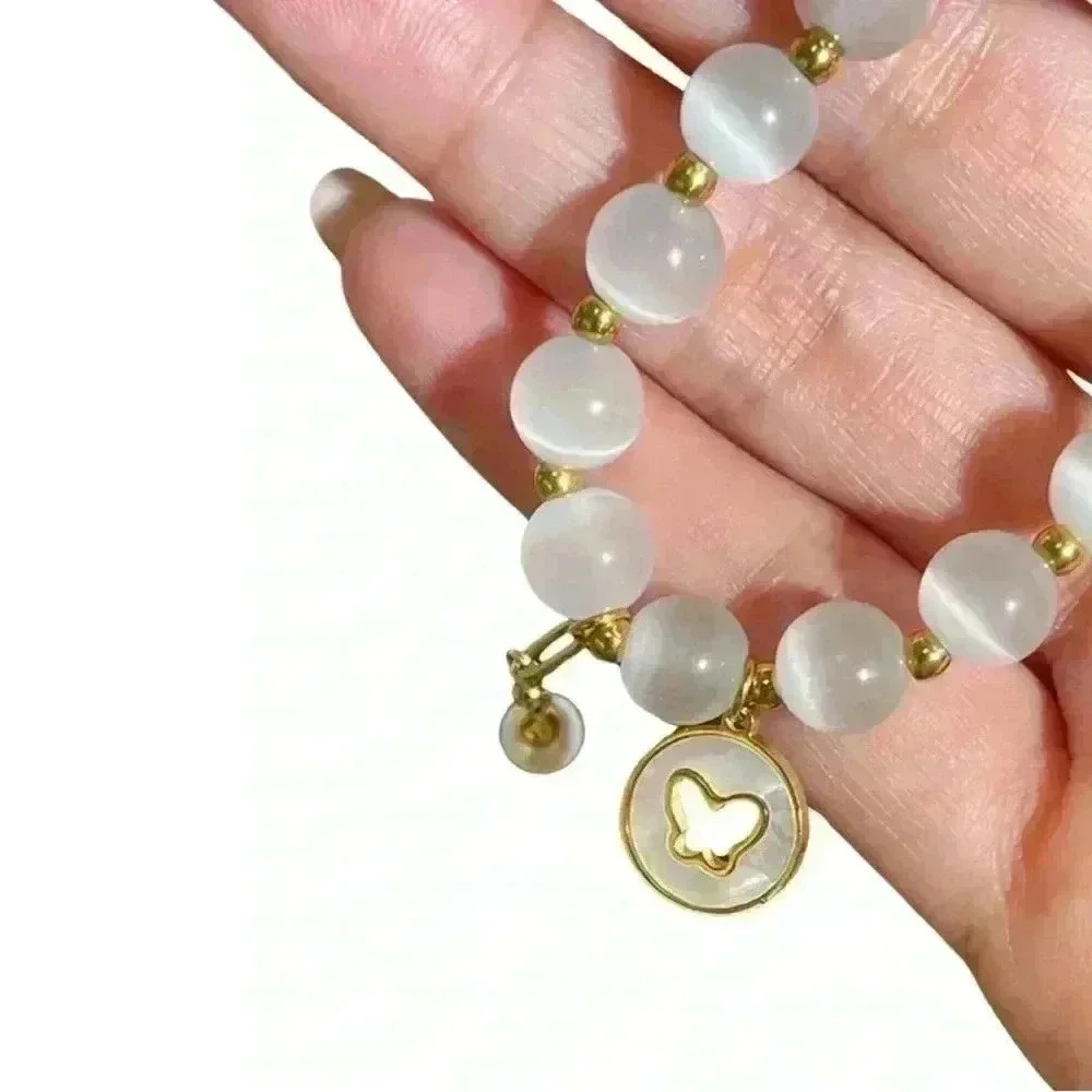 Butterfly Charm Moonstone Beaded Bracelet